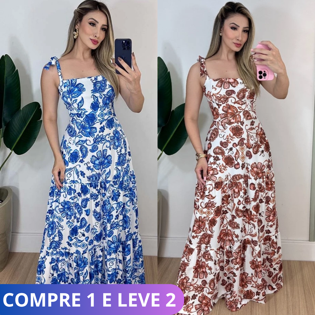 Vestido Longo Estampado Alcinha Amarração Florido 3 Marias Moda Evangélica Cristã Luxo